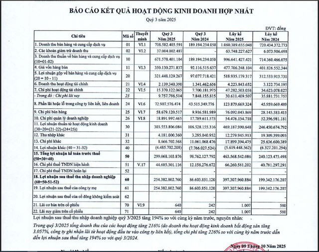 Một số chỉ tiêu tài chính quý III/2025 của Công ty CP Phát triển hạ tầng kỹ thuật (Becamex IJC).