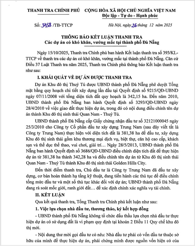 Thông báo Kết luận thanh tra của Thanh tra Chính phủ về các dự án khó khăn, vướng mắc trên địa bàn TP Đà Nẵng.