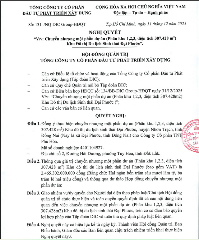 Nghị quyết số 131/NQ-DIC Group-HĐQT.