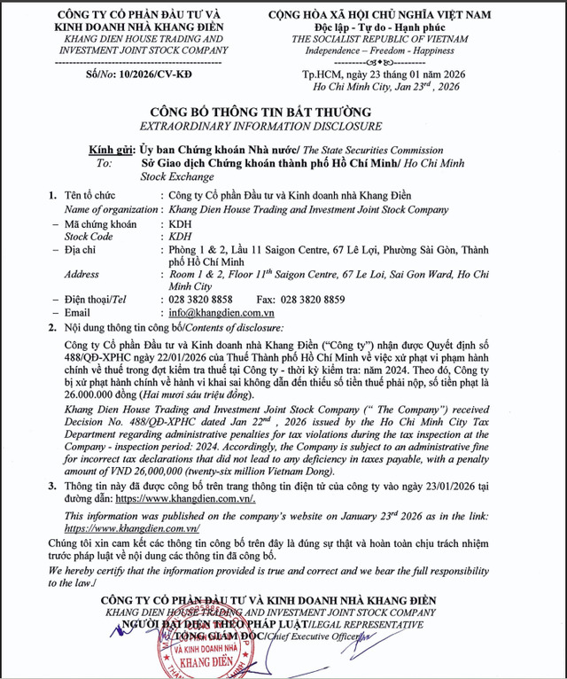 KDH công bố thông tin về việc nhận được Quyết định về việc xử phạt vi phạm hành chính về thuế.
