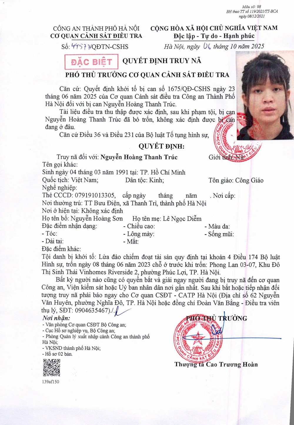 Truy nã đặc biệt Nguyễn Hoàng Thanh Trúc sinh năm 1991 - ảnh 2