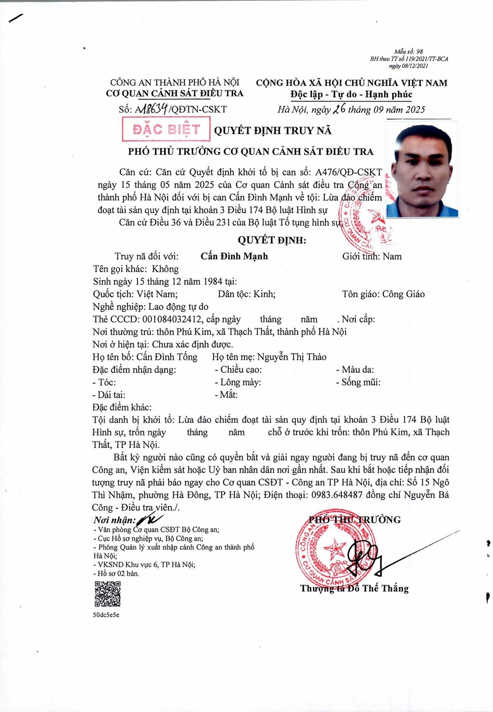 Truy nã đặc biệt Cấn Đình Mạnh sinh năm 1984 - ảnh 2