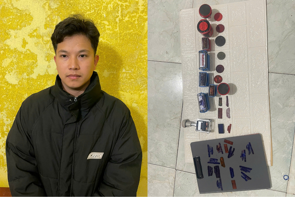 Khám xét khẩn cấp, bắt Nguyễn Văn Hạnh SN 1999, tịch thu nhiều con dấu giả, điện thoại, máy tính cùng nhiều giấy tờ liên quan - ảnh 1