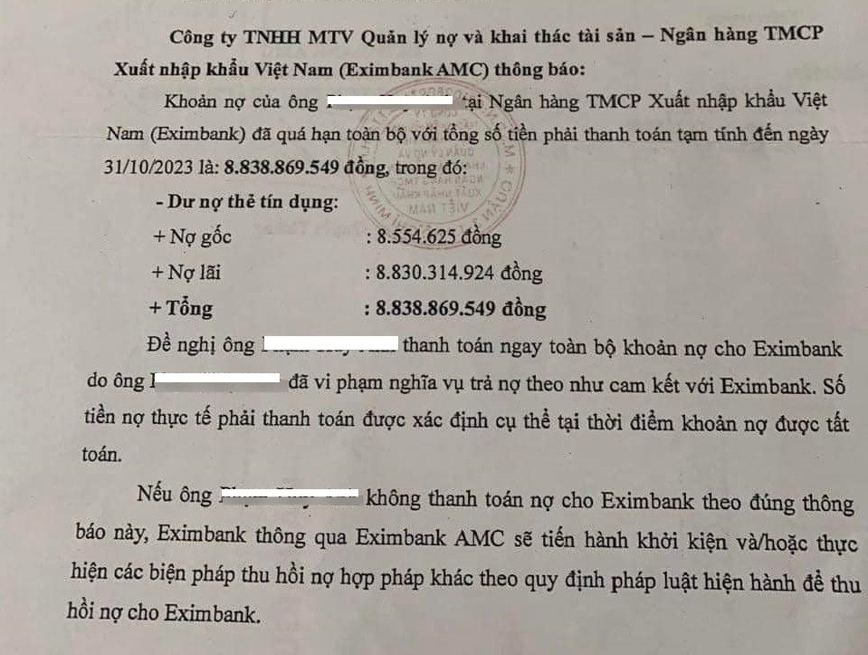 Eximbank: Giật mình lãi suất thẻ tín dụng, sau 11 năm chậm trả, gánh nợ từ 8.5 triệu đồng lên 8.8 tỷ đồng - ảnh 1