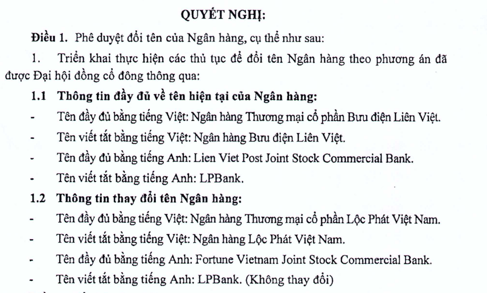 LPBank chốt đổi tên thành Ngân hàng TMCP Lộc Phát Việt Nam - ảnh 1