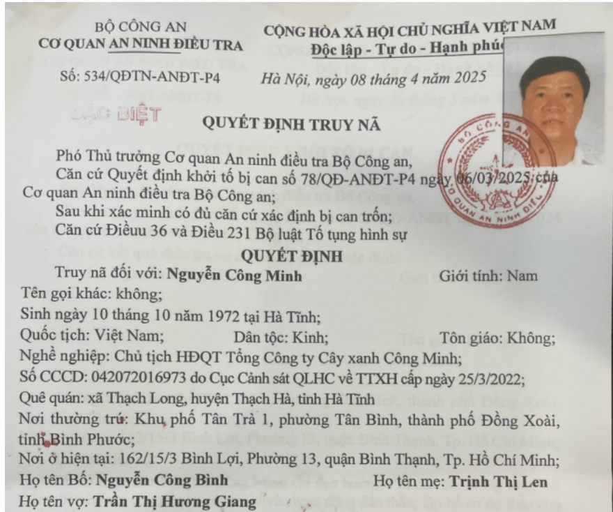 ​Truy nã đặc biệt Chủ tịch Tổng Công ty Cây xanh Công Minh - ảnh 1