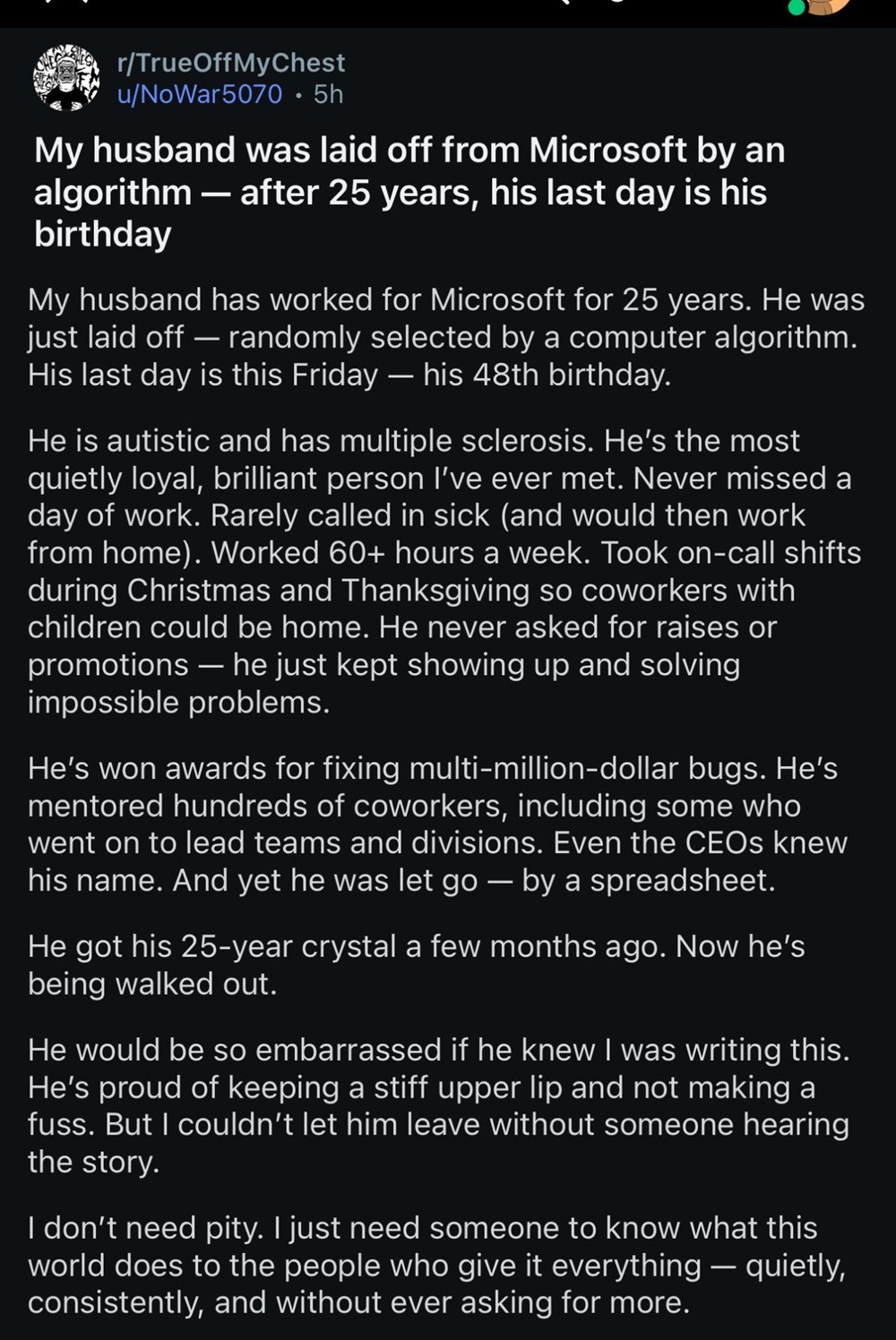 Bị sa thải ở tuổi 48 sau 25 năm làm việc miệt mài không nghỉ phép, kỹ sư Microsoft khiến cộng đồng mạng xôn xao: ‘Chồng tôi bị loại bởi một thuật toán’ - ảnh 1