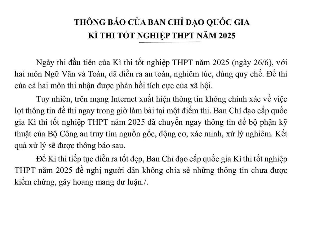 Bộ GD&ĐT ra đề nghị quan trọng đến người dân cả nước, chuyển Bộ Công an xác minh thông tin lọt đề thi tốt nghiệp THPT 2025 - ảnh 1