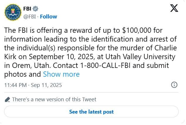 FBI tung ảnh nghi phạm vụ ám sát đồng minh ông Trump, treo thưởng 100.000 USD cho ai cung cấp manh mối - ảnh 2