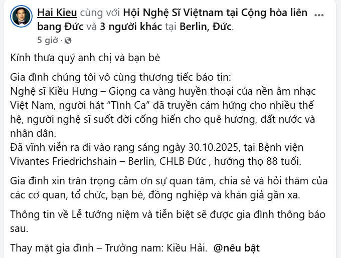 Nghệ sĩ nổi tiếng, 'giọng ca vàng' của dòng nhạc đỏ qua đời - ảnh 1