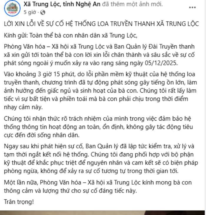 Loa truyền thanh phát lúc 3h15, một xã ở Nghệ An xin lỗi dân - ảnh 1