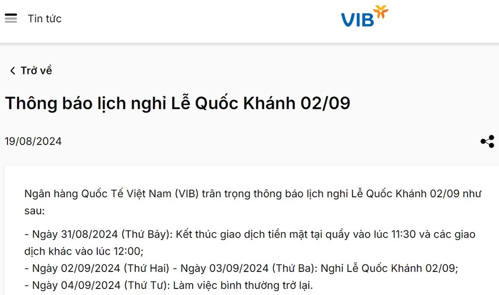 Lịch nghỉ lễ Quốc khánh 2/9/2024 của các ngân hàng - ảnh 1