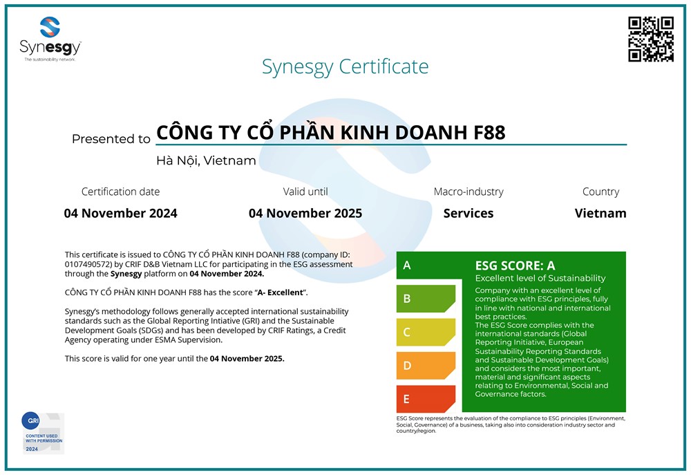 F88 được Synesgy công nhận tuân thủ xuất sắc bộ tiêu chuẩn ESG  - ảnh 1