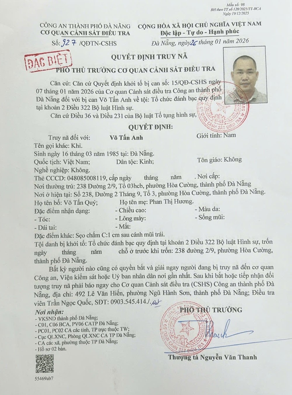 Truy nã đặc biệt Võ Tấn Anh SN 1985 - ảnh 1