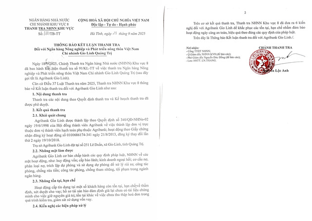 Thanh tra NHNN công bố thông tin về kết luận thanh tra đối với Agribank chi nhánh Gio Linh Quảng Trị (Nguồn: Thanh tra NHNN).