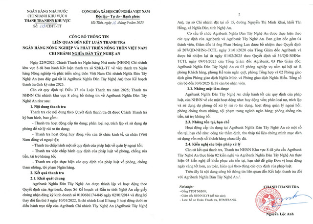 Thanh tra NHNN công bố thông tin về Kết luận thanh tra đối với Agribank chi nhánh Nghĩa Đàn Tây Nghệ An (Nguồn: Thanh tra NHNN).
