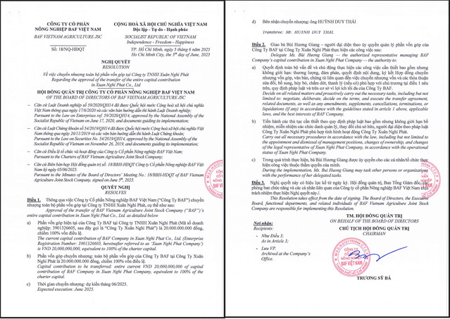 Nghị quyết của Hội đồng quản trị về việc chuyển nhượng toàn bộ phần vốn góp tại Công ty TNHH Xuân Nghi Phát của BAF.