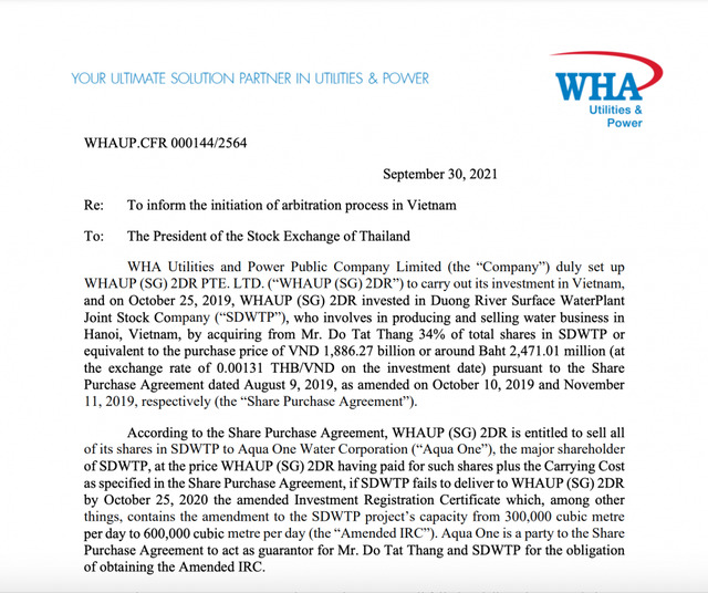 Văn bản từng được WHAUP gửi lên Sở Giao dịch Chứng khoán Thái Lan.