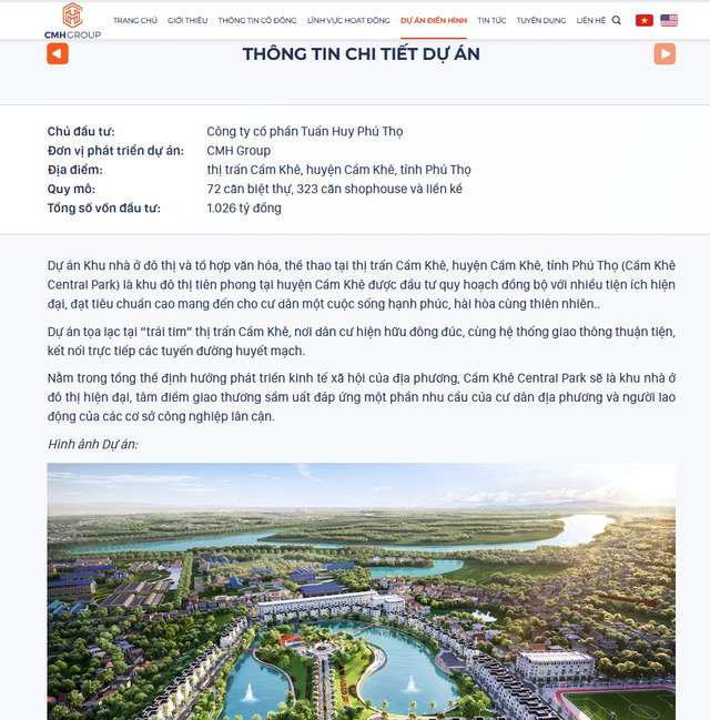 Thông tin dự án Cẩm Khê Central Park được CMH giới thiệu trên website của doanh nghiệp.