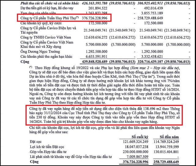 CMH đã vay ngân hàng để nộp tiền sử dụng đất thay cho Tuấn Huy Phú Thọ (Nguồn: BCTC Hợp nhất soát xét 6 tháng đầu năm 2025 của CMH Group).