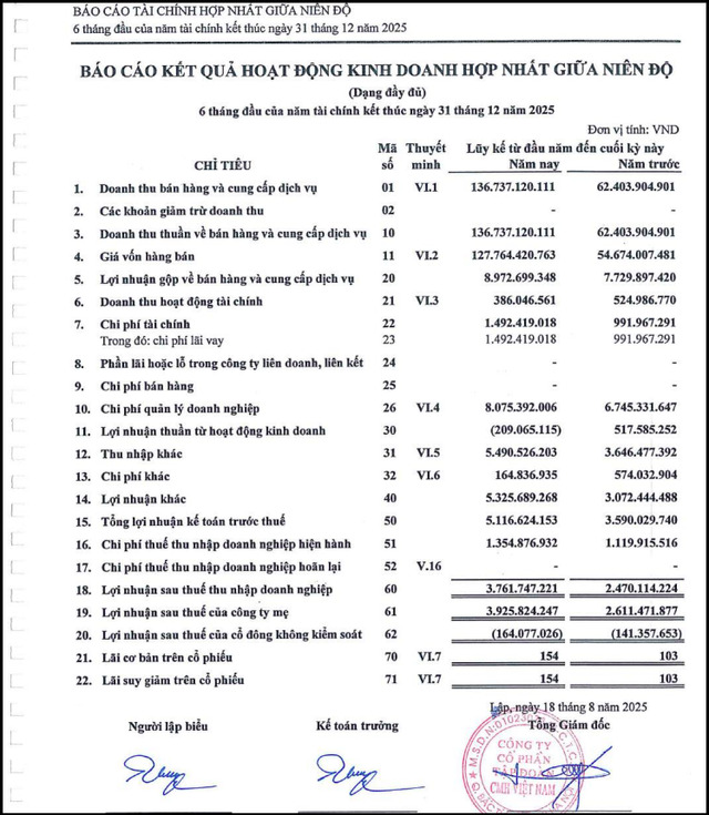 Một số chỉ tiêu tài chính tại ngày 30/6/2025 của CMH Group.