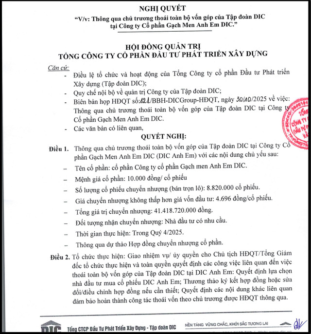 Nghị quyết HĐQT của DIC Corp về việc thoái vốn tại DIC Anh Em.