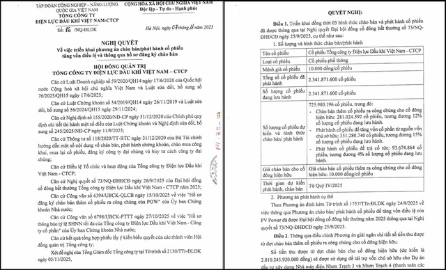 Nghị quyết về phương án chào bán cổ phiếu của POW.