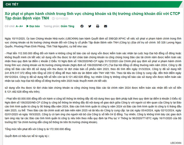 Bệnh viện TNH bị xử phạt hơn 170 triệu đồng do vi phạm trong lĩnh vực chứng khoán - ảnh 2