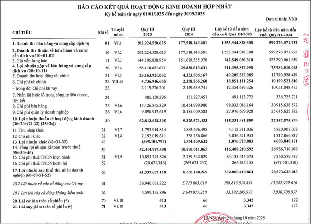 Nguồn: Báo cáo tài chính hợp nhất quý III/2025 của BVL.