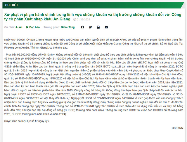 Angimex (AGM) bị xử phạt do vi phạm công bố thông tin - ảnh 1