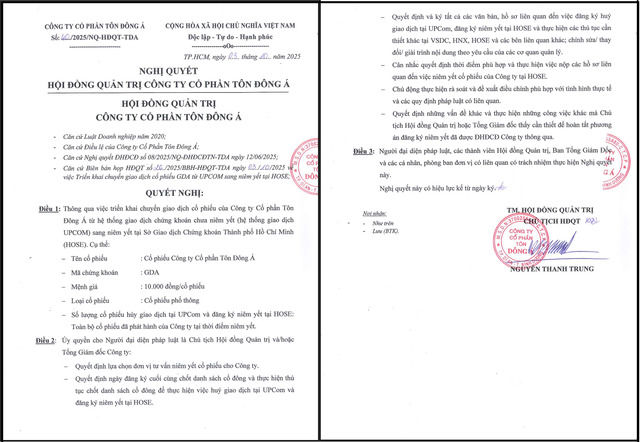 Nghị quyết HĐQT của GDA về việc niêm yết cổ phiếu trên sàn HoSE.