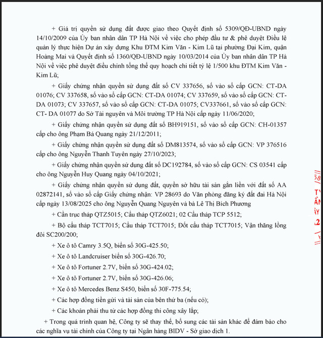 Danh mục tài sản được Vina2 mang ra thế chấp để vay vốn ngân hàng.