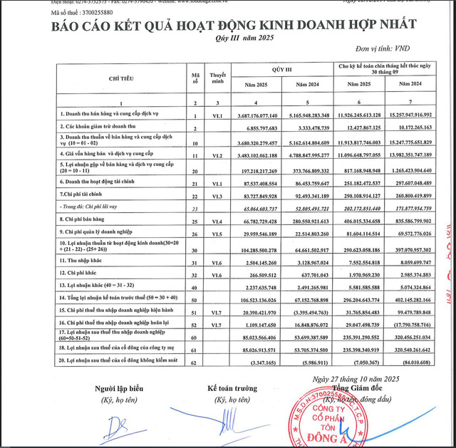 Một số chỉ tiêu tài chính của GDA.