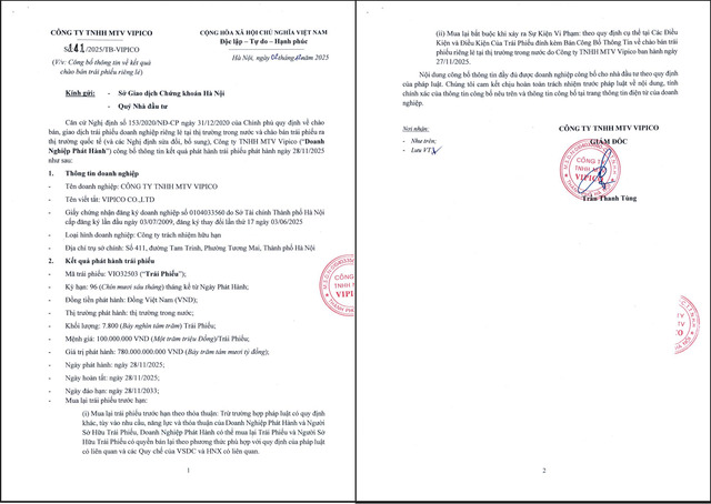 Thông tin về lô trái phiếu vừa được Vipico phát hành.