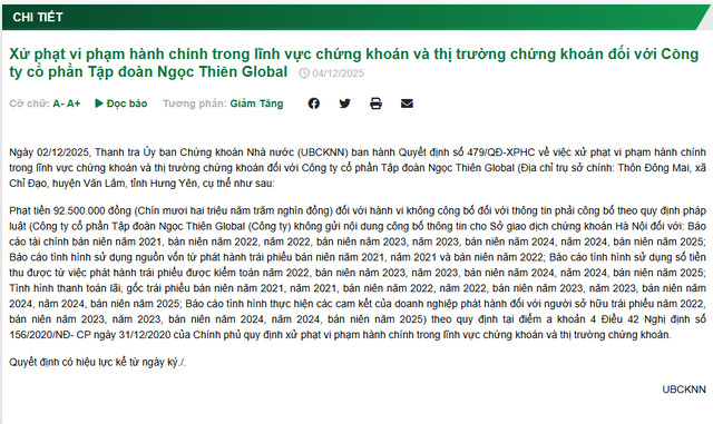 Ngọc Thiên Global bị xử phạt do “ém” thông tin về tài chính và trái phiếu - ảnh 1
