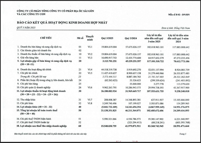 Một số chỉ tiêu tài chính của SGR.