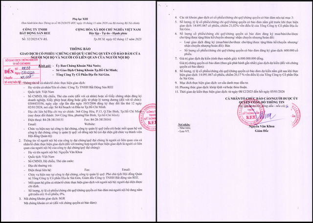 Thông báo về việc Bất động sản REE muốn bán ra 600.000 cổ phiếu SGR.