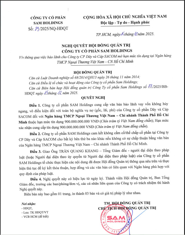 SAM Holdings công bố thông tin về việc bảo lãnh cho công ty con vay 900 tỷ đồng từ ngân hàng.