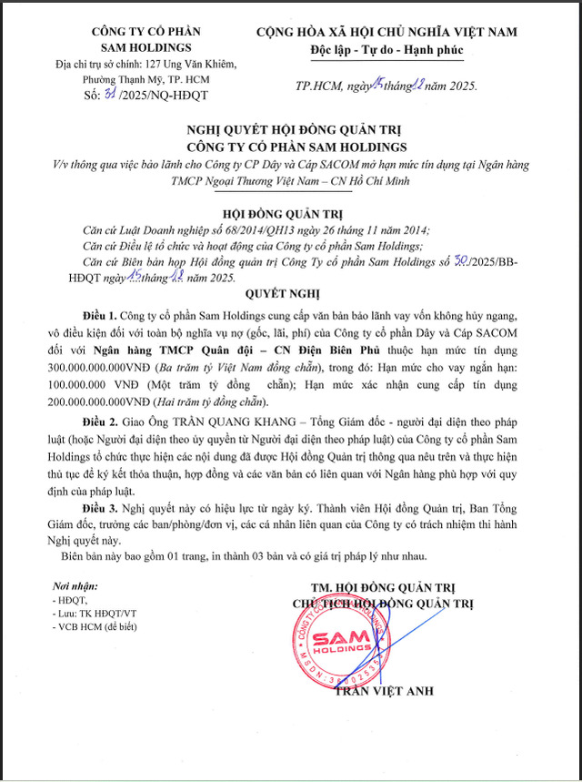 SAM Holdings công bố thông tin về việc bảo lãnh cho công ty con vay 300 tỷ đồng từ ngân hàng.