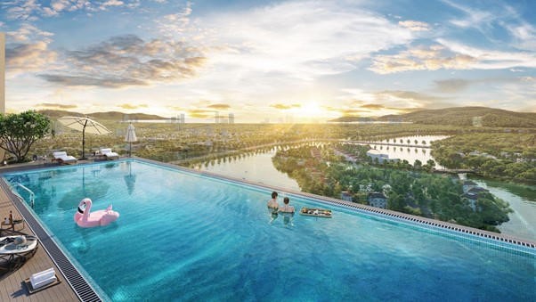 Tòa tháp sở hữu tầm nhìn view sông - biển, nắm giữ tiềm năng trở thành “cổng chào mặt nước” của toàn khu.