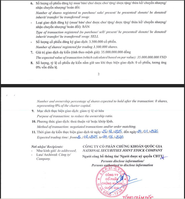 Thông báo của Chứng khoán Quốc Gia về việc sẽ thoái toán bộ vốn tại Tasco.