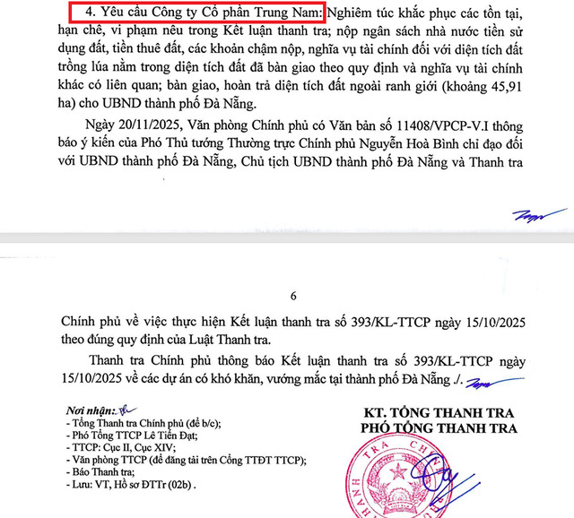 Thanh tra Chính phủ yêu cầu Công ty CP Trung Nam nghiêm túc khắc phục các tồn tại, vi phạm.