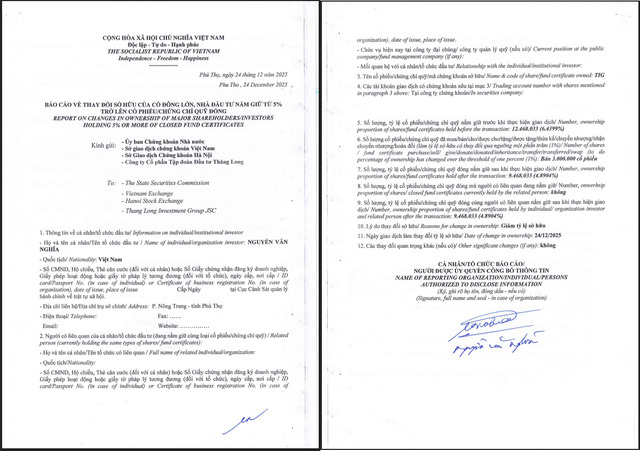 Báo cáo thay đổi sở hữu cổ phiếu của cổ đông lớn Nguyễn Văn Nghĩa.