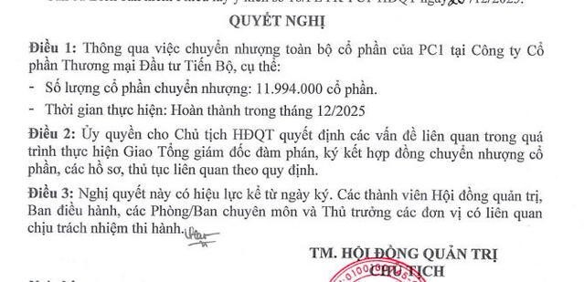 PC1 muốn bán vốn tại CTCP Thương mại Đầu tư Tiến Bộ.