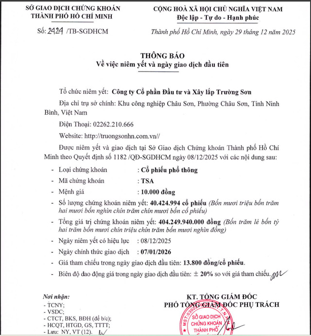 Thông báo của TSA về việc sẽ niêm yết cổ phiếu trên sàn HoSE vào ngày 7/1/2026 tới đây.