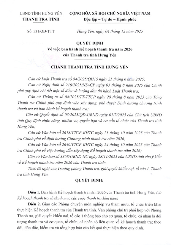 Kế hoạch thanh tra năm 2026 của Thanh tra tỉnh Hưng Yên.