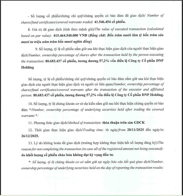 Tasco Investment đã mua vào thành công hơn 41,5 triệu cổ phiếu DNP.