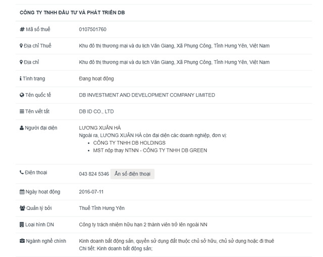 Một số thông tin về Công ty TNHH Đầu tư và Phát triển DB.