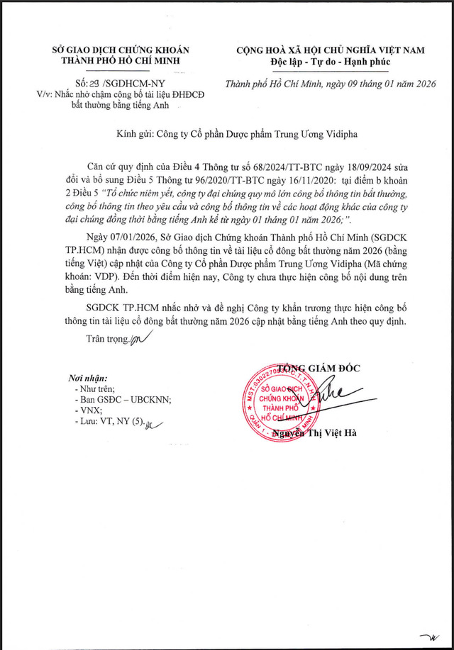 HoSE có văn bản nhắc nhở Vidipha công bố thông tin.