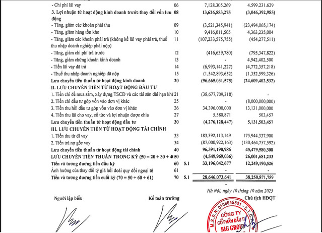 Dòng tiền đầu tư của BIG âm kỷ lục trong 9 tháng đầu năm 2025.